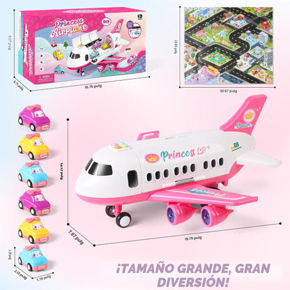 Dwi Dowellin Juguete de avión rosa con 6 camiones y tapete de juego...