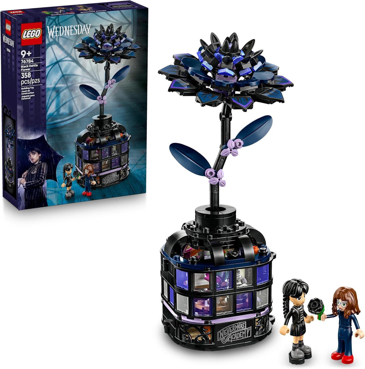 LEGO Wednesday - Juguete de construcción de flores de dalia negra, juego de simulación para niñas y niños, a partir de 9 años, con Minidolls de Wednesday Addams y profesor, bloques de construcción
