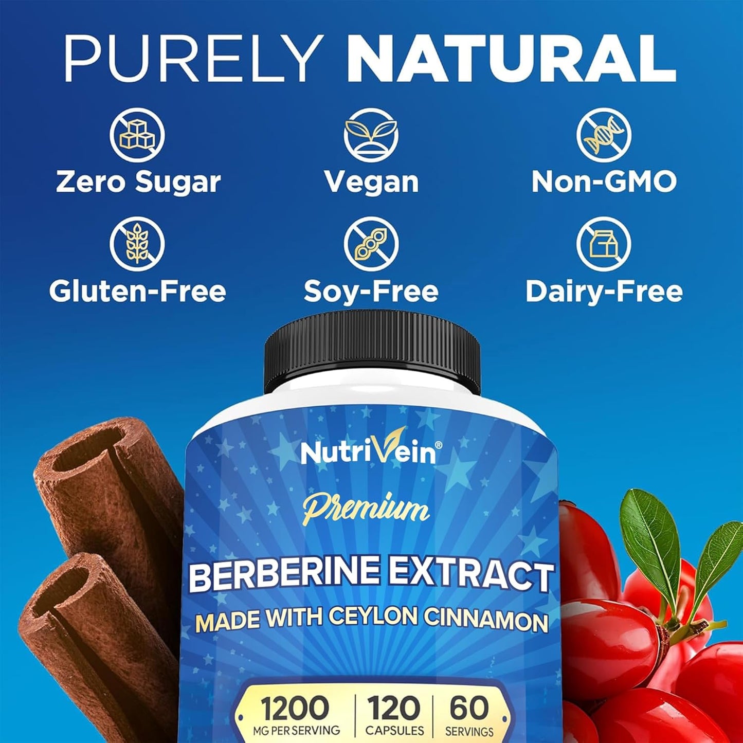 Nutrivein Berberina Premium 1200 mg con Canela de Ceilán - 120 Cápsulas: Suplemento de berberina de alta absorción para defensas, digestión y metabolismo