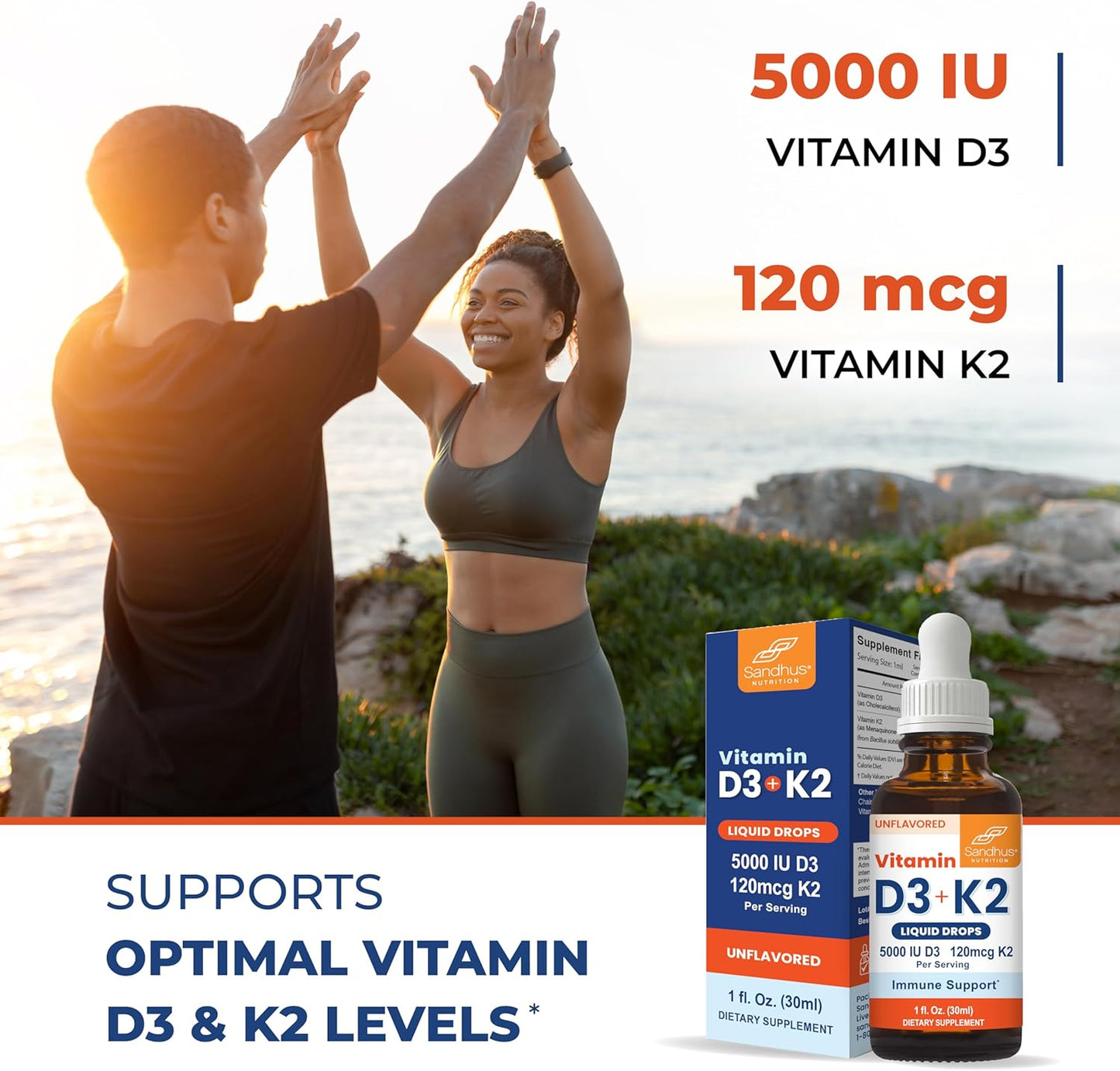 Sandhu's Gotas de vitamina D3 K2 para adultos | 5000 UI D3 líqu...