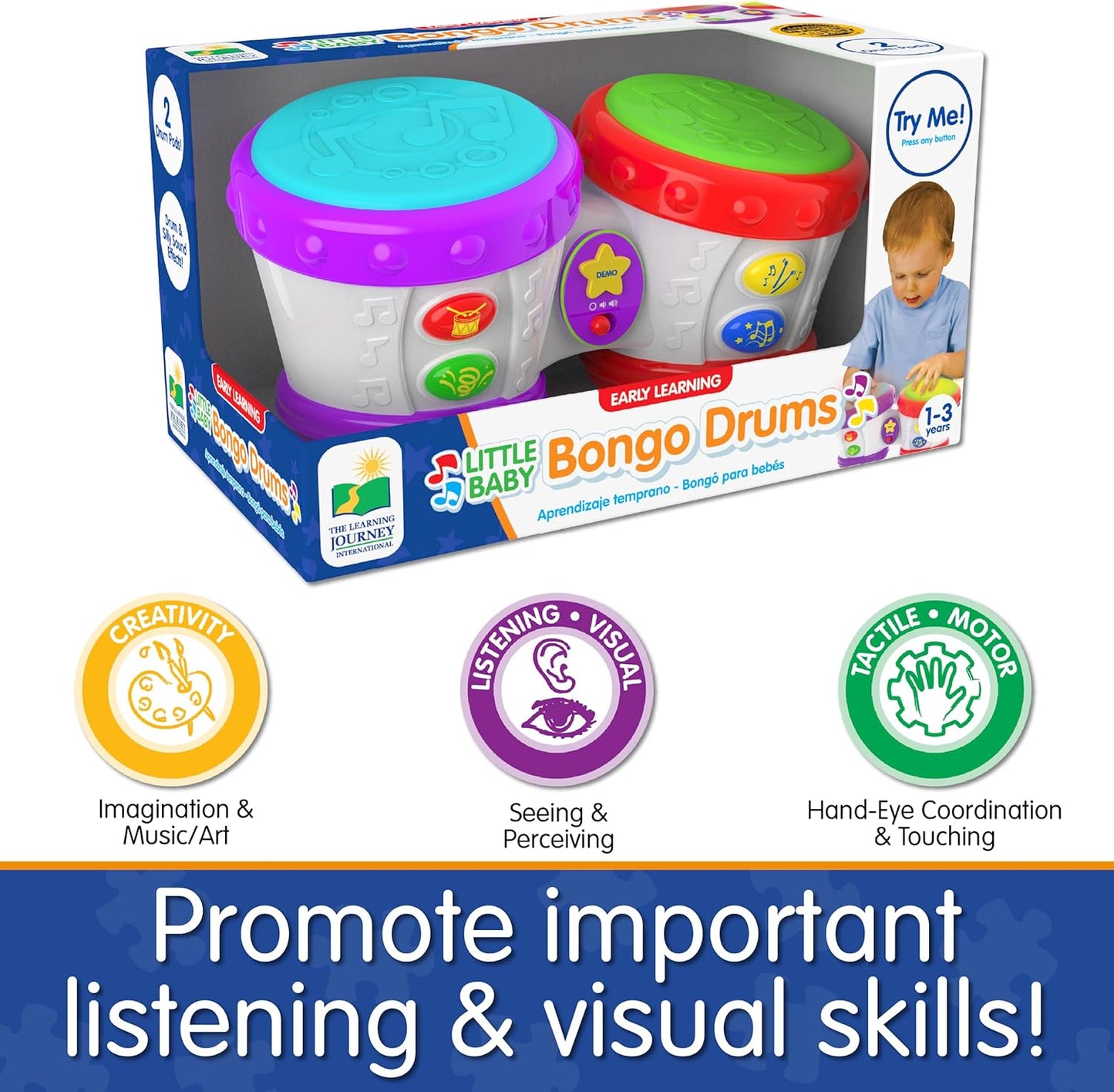 The Learning Journey Aprendizaje temprano - Little Baby Bongo Drums - Juguetes musicales electrónicos para niños y niñas a partir de 12 meses - Juguete de aprendizaje musical galardonado, multicolor