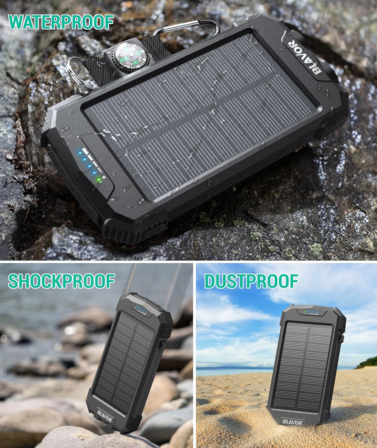 Blavor - Paquete de batería externa solar, cargador inalámbrico Qi...
