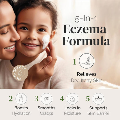 Puriya Crema de eccema 5 en 1 para niños, bebés, niños pequeños, adultos, loción avanzada de avena coloidal para alivio de la piel seca y con picazón en cara y cuerpo, tratamiento de eccema con