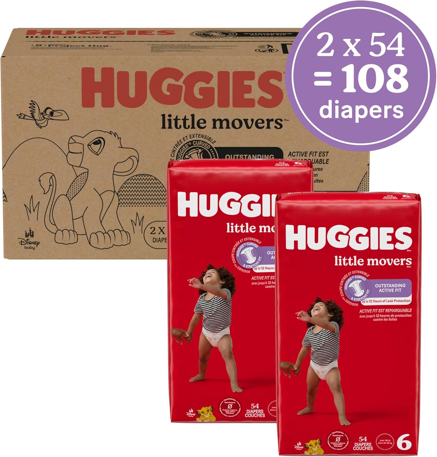 Huggies Pañales tamaño 6, pañales Little Movers para bebé, talla 6 (35+ libras), 108 unidades (2 paquetes de 54), el embalaje puede variar