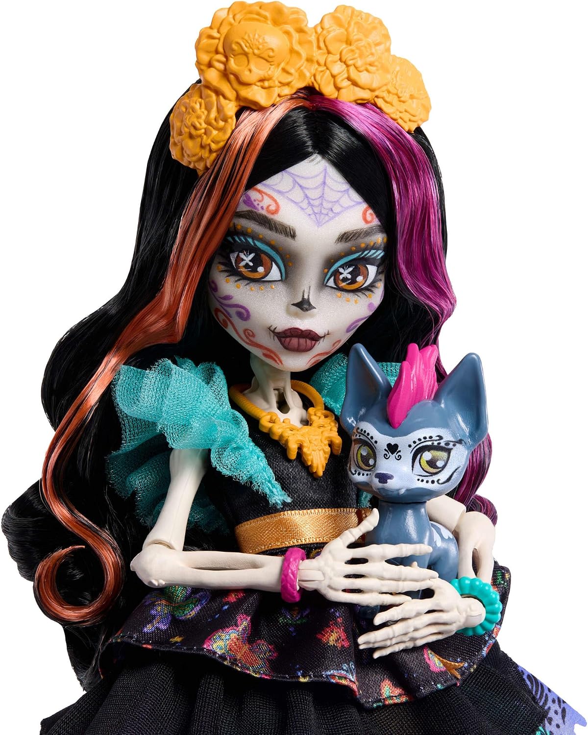Muñeca Monster High, calaveras Skelita en colorido vestido de papel...
