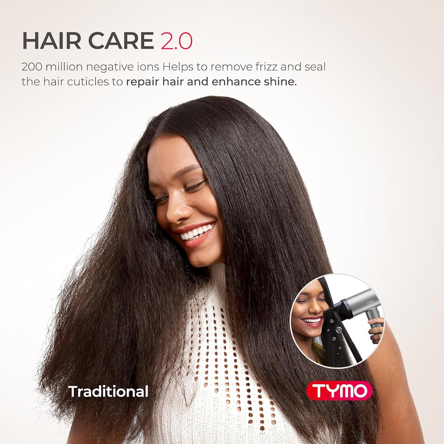 Secador de pelo TYMO con difusor, secador de pelo profesional AIRHYPE Lite de 1500W de alta velocidad con peine para secado rápido, motor sin escobillas de 110,000RPM, 200 millones de secador de pelo