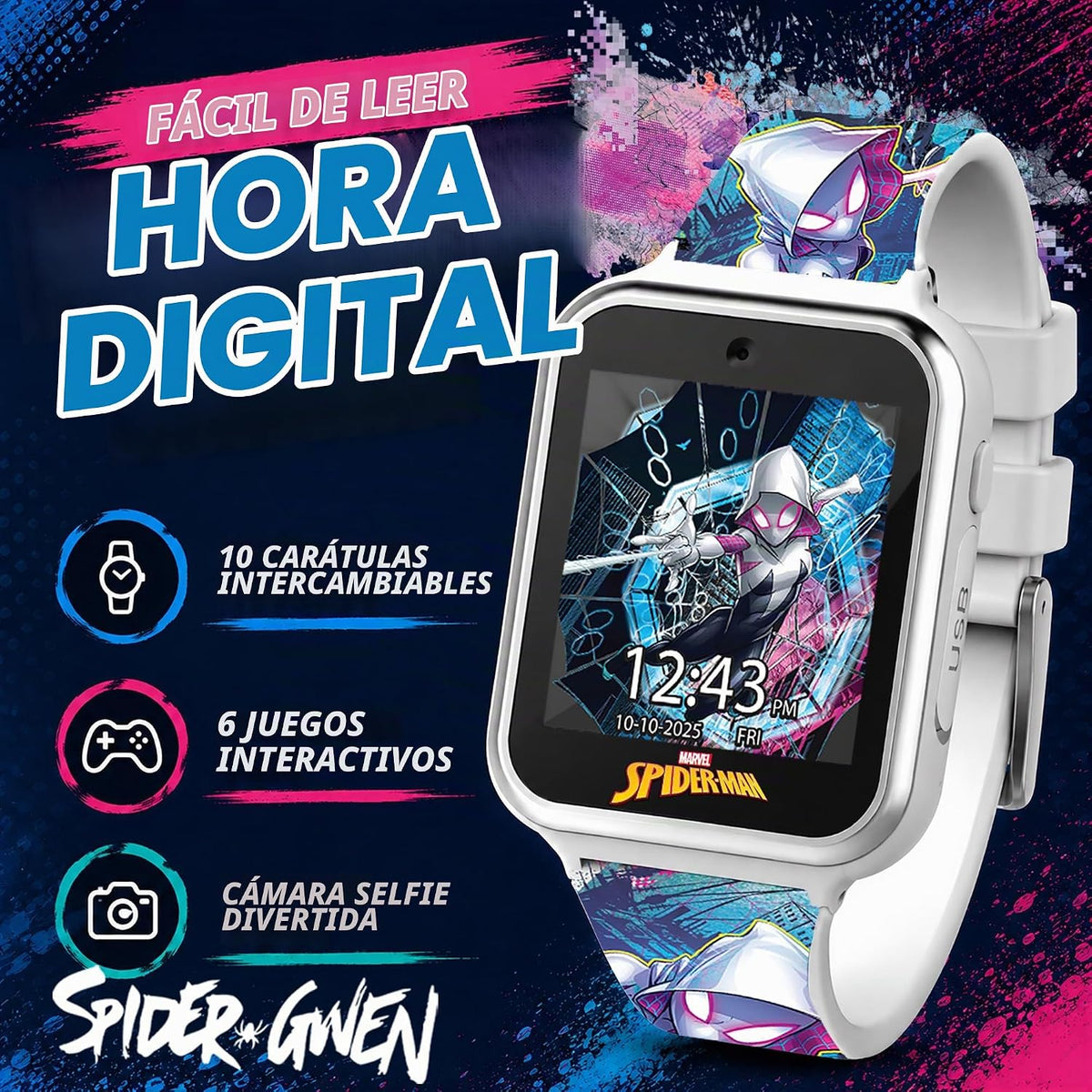 Reloj inteligente Marvel Spider-Man para niños: características div...