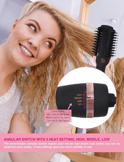 Cepillo Secador de Cabello, Cepillo Secador en Uno, Secador de Cabello Iónico y Estilizador Voluminizador 4 en 1 con Barril Ovalado de Titanio, Alisador de Aire Caliente para Peinado Suave Sin Frizz