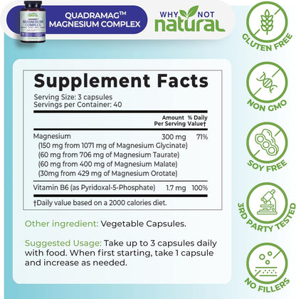 Suplemento Complejo de Magnesio 4 en 1 - Mezcla de glicinato, taurato, malato y orotato - 300 mg por porción, 120 cápsulas