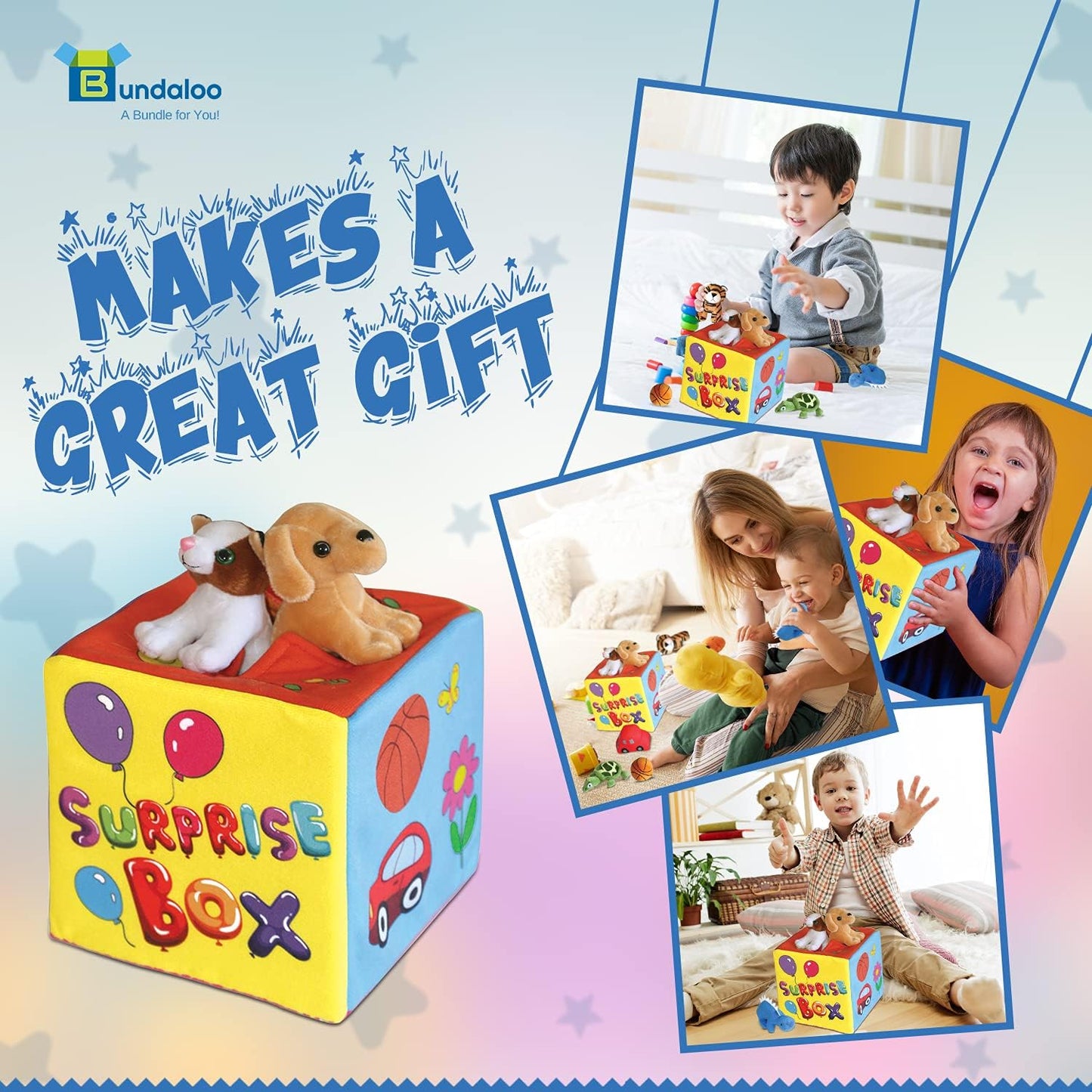 Bundaloo Caja misteriosa sorpresa con 8 juguetes de peluche de alta calidad, juego sensorial suave con sonidos de prensa para escuchar, varios peluches, animales de peluche, vehículos, pelotas para