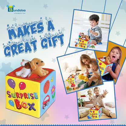 Bundaloo Caja misteriosa sorpresa con 8 juguetes de peluche de alta calidad, juego sensorial suave con sonidos de prensa para escuchar, varios peluches, animales de peluche, vehículos, pelotas para