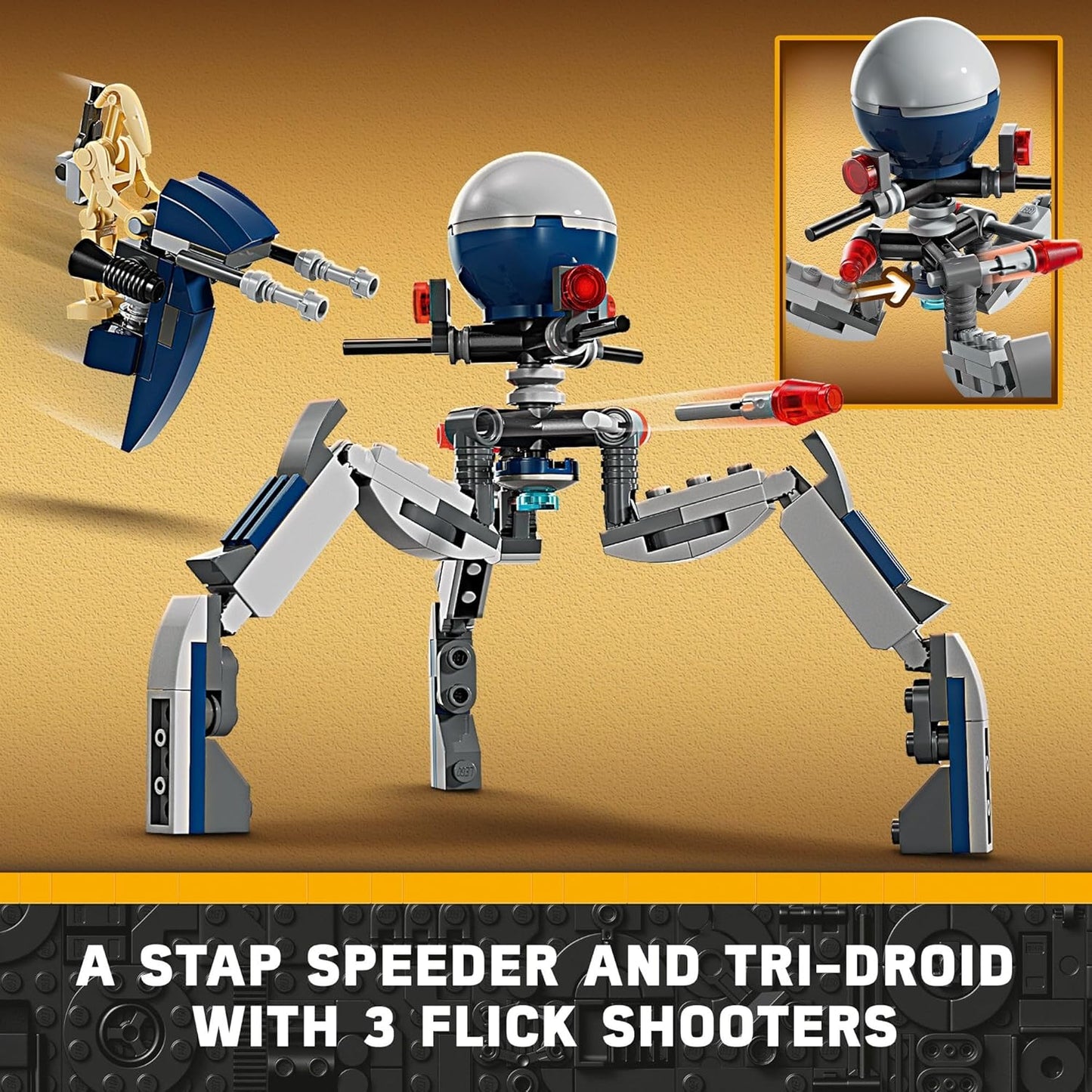 LEGO Star Wars 75372 - Paquete de batalla de soldado clon y droide de batalla para niños, vehículo de bicicleta Speeder de juguete construible, Tri-Droid y poste defensivo, coleccionable, regalo para