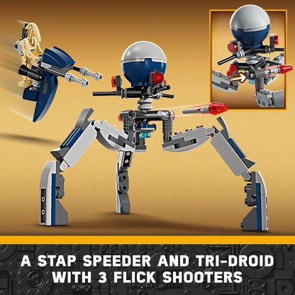LEGO Star Wars 75372 - Paquete de batalla de soldado clon y droide de batalla para niños, vehículo de bicicleta Speeder de juguete construible, Tri-Droid y poste defensivo, coleccionable, regalo para