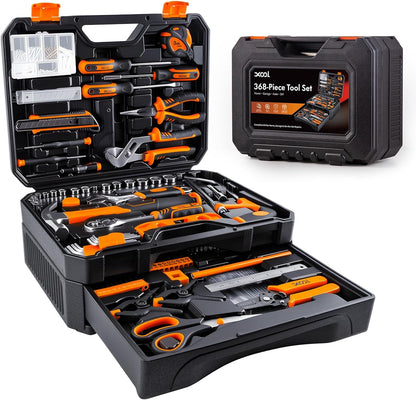 XOOL Kit de herramientas de reparación del hogar de 368 piezas con caja de herramientas de cajón, incluye martillo, alicates, destornilladores, llave, cinta métrica y más para reparación del hogar