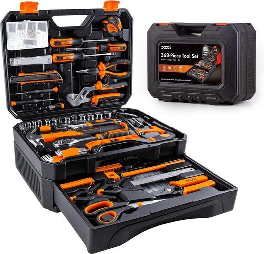 XOOL Kit de herramientas de reparación del hogar de 368 piezas con caja de herramientas de cajón, incluye martillo, alicates, destornilladores, llave, cinta métrica y más para reparación del hogar