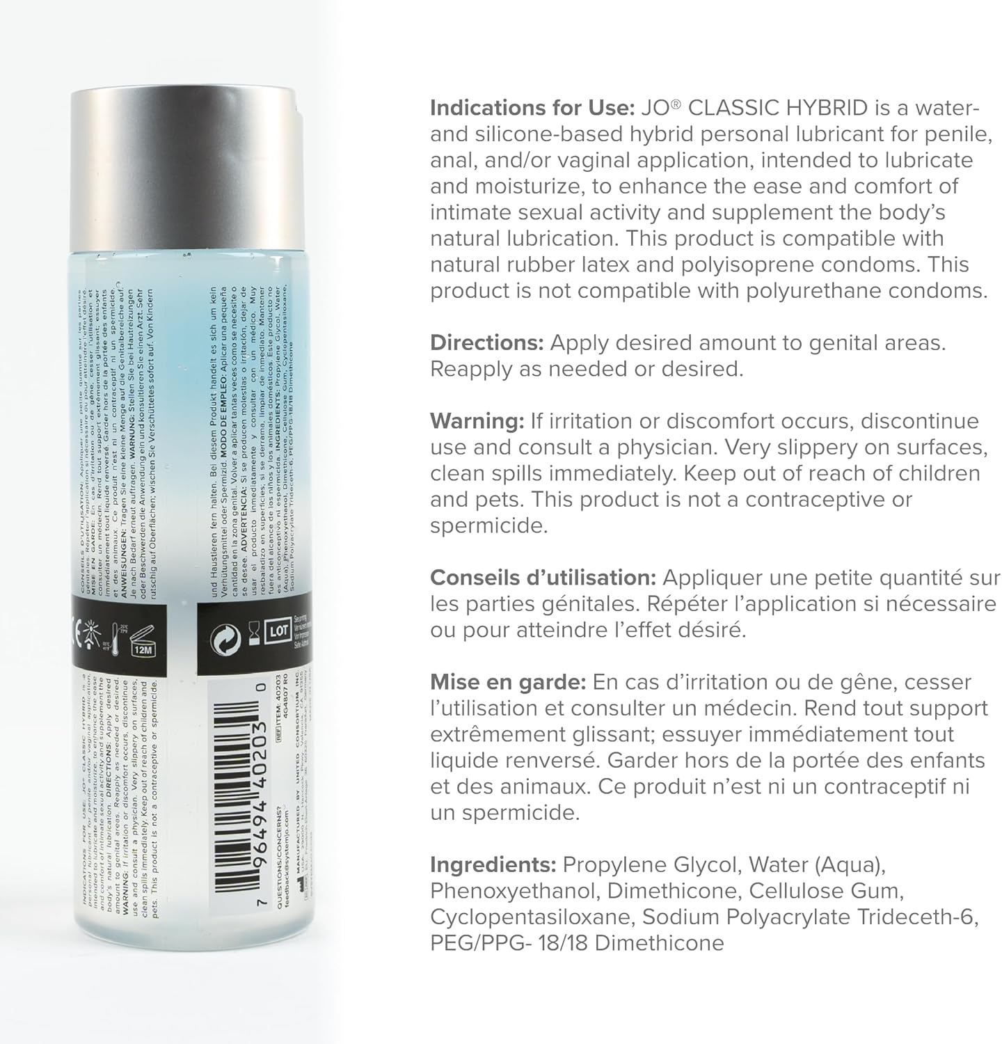 JO Lubricante personal híbrido clásico, lubricante a base de agua y...
