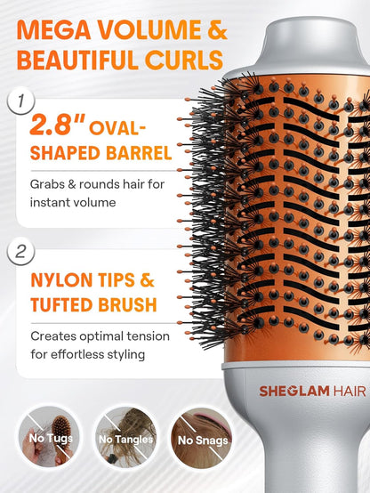 SHEGLAM Cepillo de aire caliente 4 en 1 - Secador y cepillo con motor de 33000 RPM, revestimiento GLOSS PRO para brillo, 3 configuraciones de calor, cerdas iónicas antienredos para peinados sin