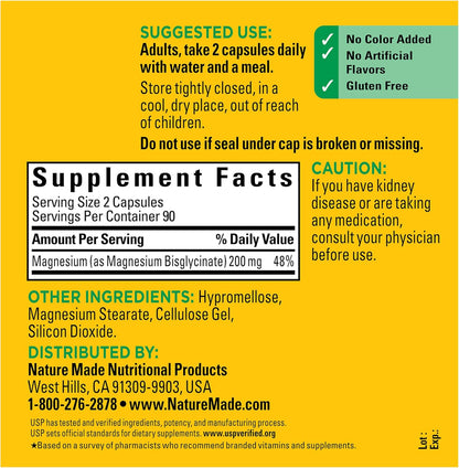 Nature Made Glicinato de magnesio 200 mg por porción, suplemento de...