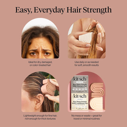 Kitsch Champú y acondicionador sólido de proteína de agua de arroz para el crecimiento del cabello – Dúo fortalecedor del cuidado del cabello con proteína de arroz y vitaminas para reparación de daños – Sin parabenos, sulfatos y silicona, fabricado en Est