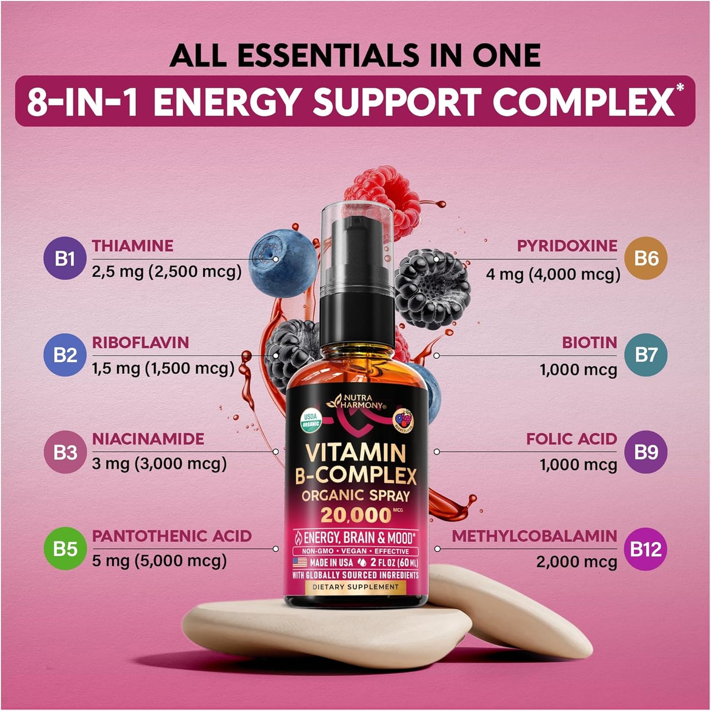 Spray Líquido de Vitamina B-Complex Orgánico USDA 8-en-1 - Ácido Pa...