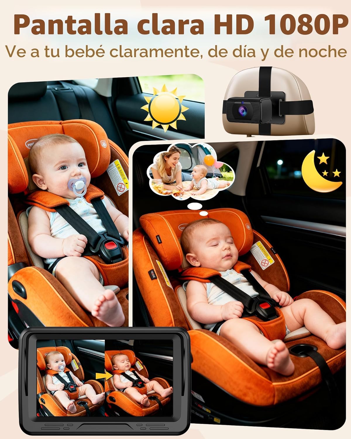 Rohent Cámara de coche para bebé HD 1080P - Monitor infantil orient...