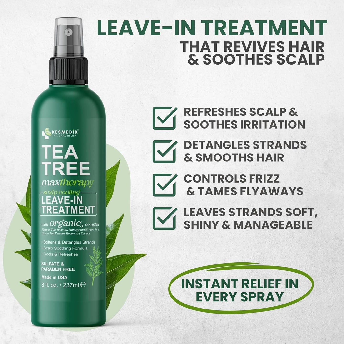 Aceite de árbol de té puro sin enjuague en espray desenredante, control del encrespamiento, tratamiento intensivo para el cuero cabelludo seco y con picazón, alivio contra la caspa y la