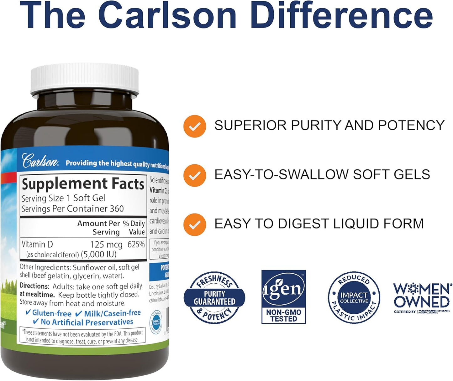 Carlson - Vitamina D3 5000 UI (125 mcg), salud ósea, salud muscular...