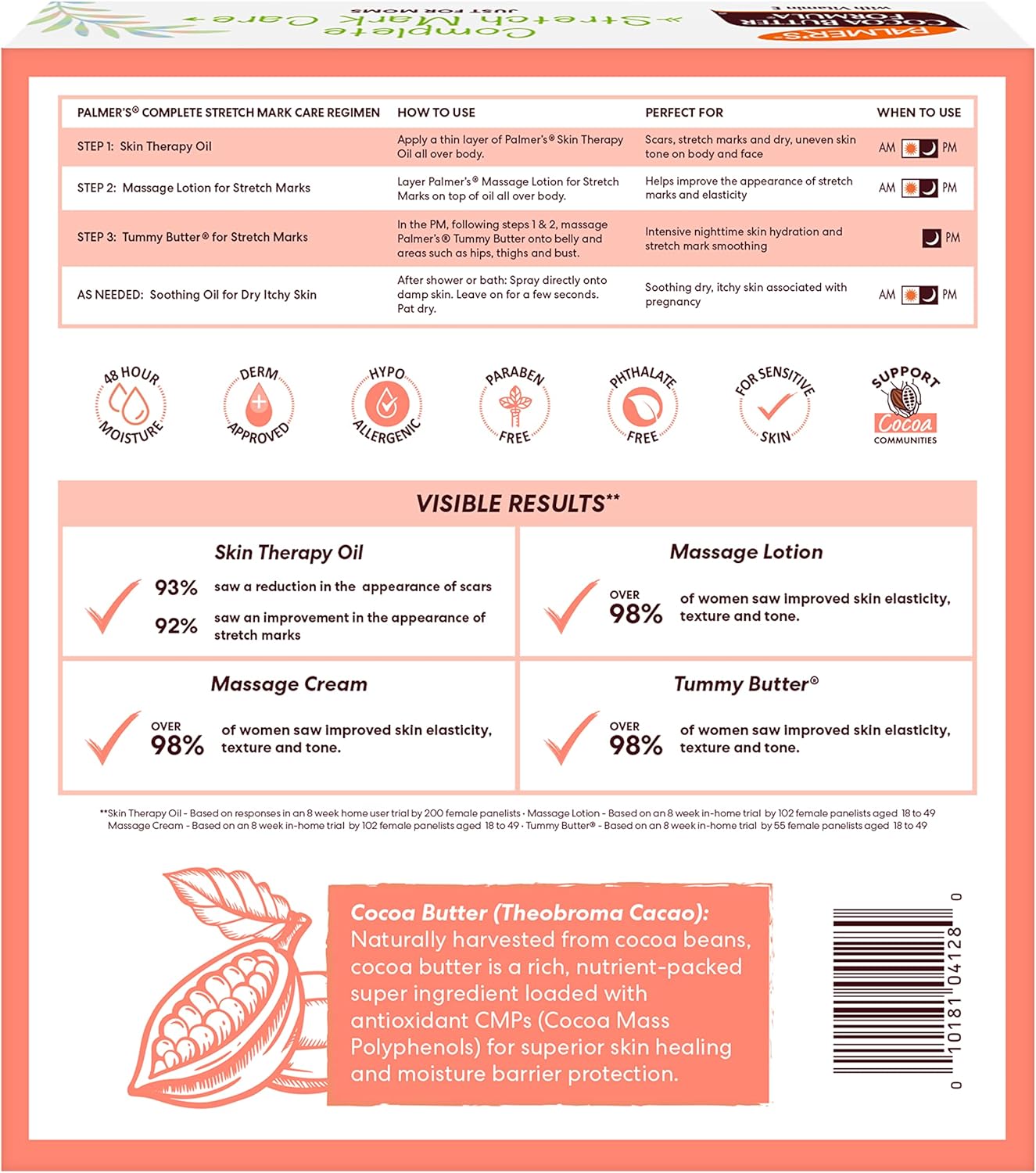 Kit de Cuidado de la Piel Palmer's con Fórmula de Manteca de Cacao para Estrías y Cicatrices, Aprobado por Dermatólogos, Regalo para Mamá, Juego de 4 Piezas de Tamaño Completo