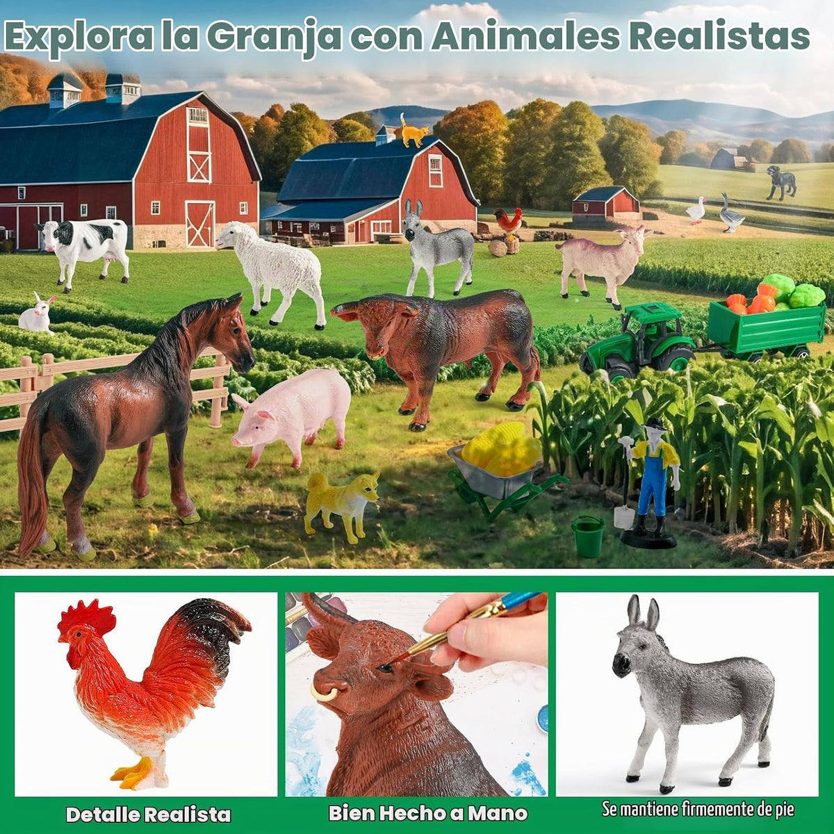 38 juguetes de animales de granja con alfombra de juego grande de