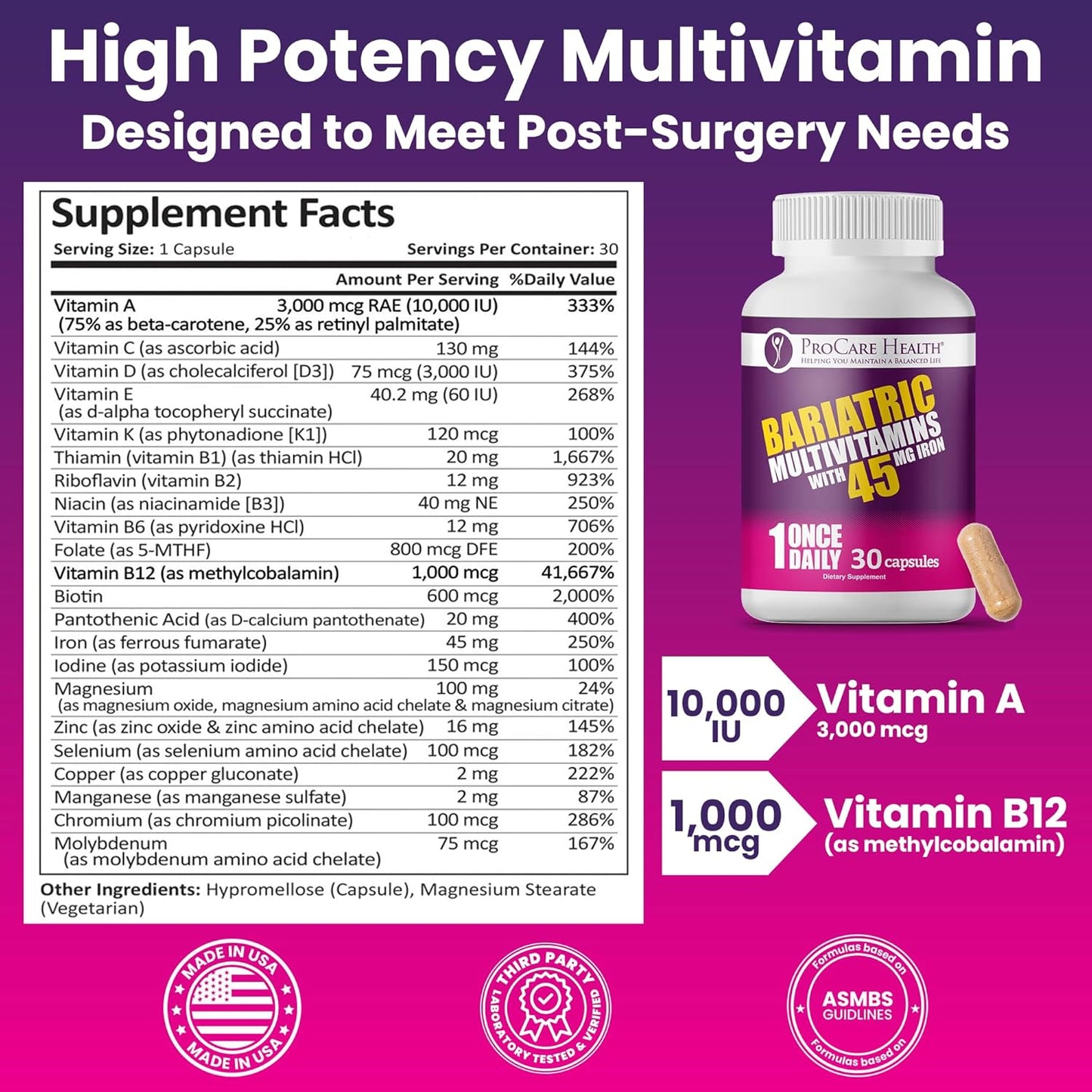 Once Daily Bariatric Multivitamin | Cápsula | 45 mg de hierro | 30...