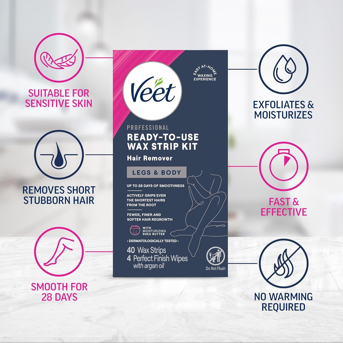VEET Tiras de cera de azúcar para depilación corporal de mujer, kit de depilación de bikini, púbico, dermatológicamente probado para áreas corporales e íntimas, 40 tiras de cera con manteca de karité