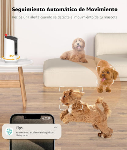 TKENPRO Cámara para mascotas 2K con dispensador de golosinas, cámar...
