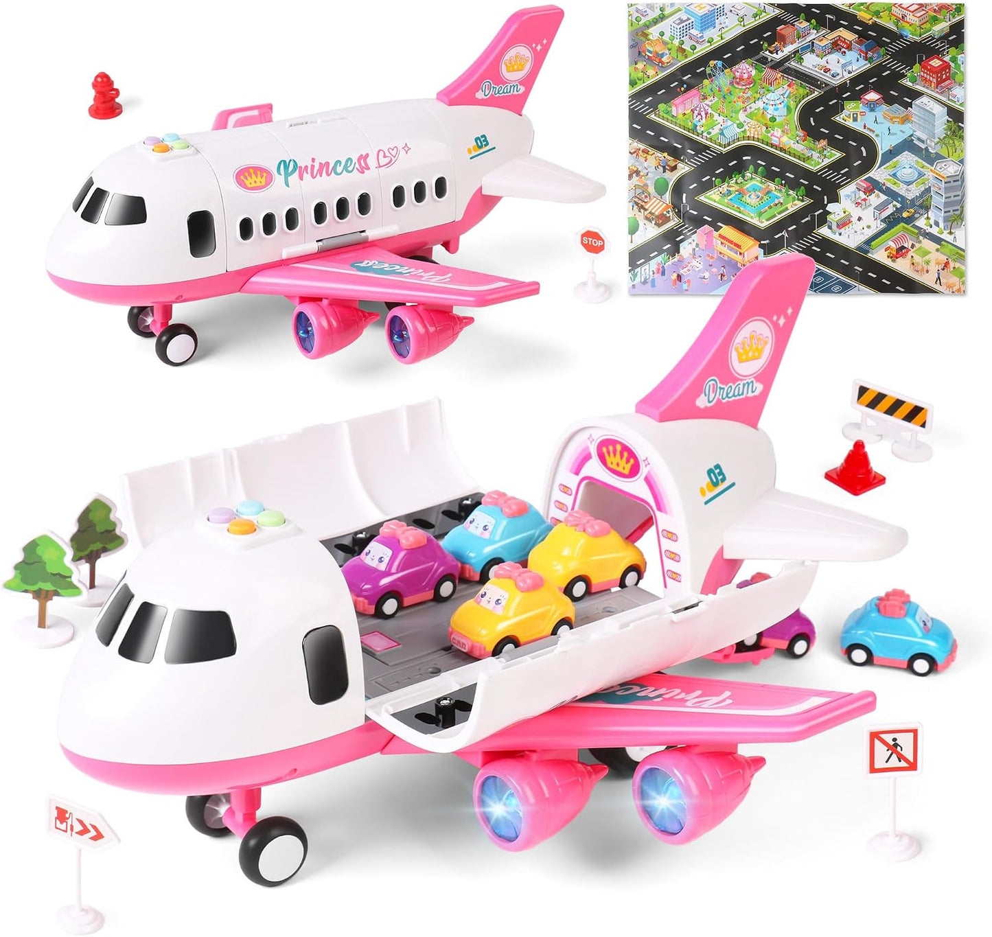 Dwi Dowellin Juguete de avión rosa con 6 camiones y tapete de juego...