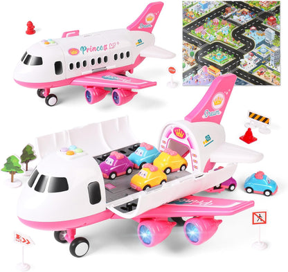 Dwi Dowellin Juguete de avión rosa con 6 camiones y tapete de juego...