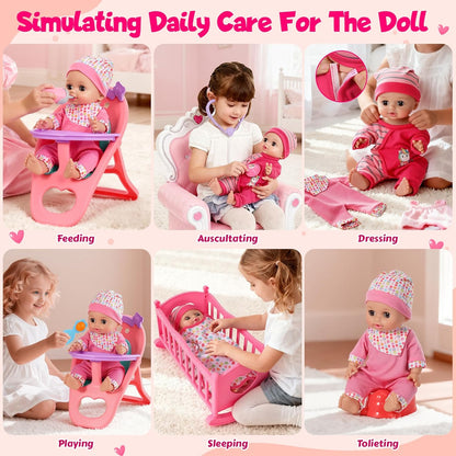 DRAMATION Juego de muñeca bebé de 12 pulgadas con cuna y silla alta...