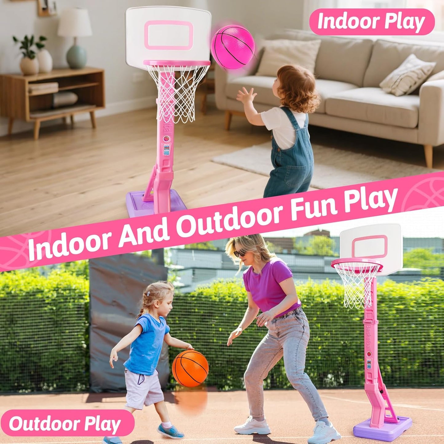 Aro de baloncesto para niños pequeños rosa para interiores y exteriores, edad 1-3 años, aro de baloncesto ajustable para niños con 3 pelotas, portería de baloncesto para niñas, juguetes