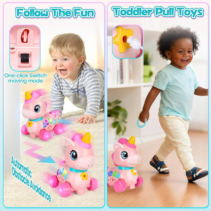Juguete de unicornio para bebés de 6 a 12 a 18 meses con música y luces, explora la educación bilingüe para el desarrollo sensorial de los niños pequeños, aprender a caminar, moverse, gatear, para el tiempo de la barriga, juguetes de Navidad, regalos de c