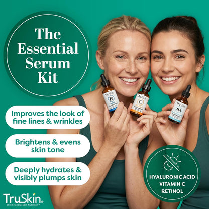TruSkin Trío de suero facial - Ácido hialurónico, vitamina C y suero de retinol para la cara - Set de cuidado de la piel antienvejecimiento para mujeres - Cuidado de la piel para una piel brillante