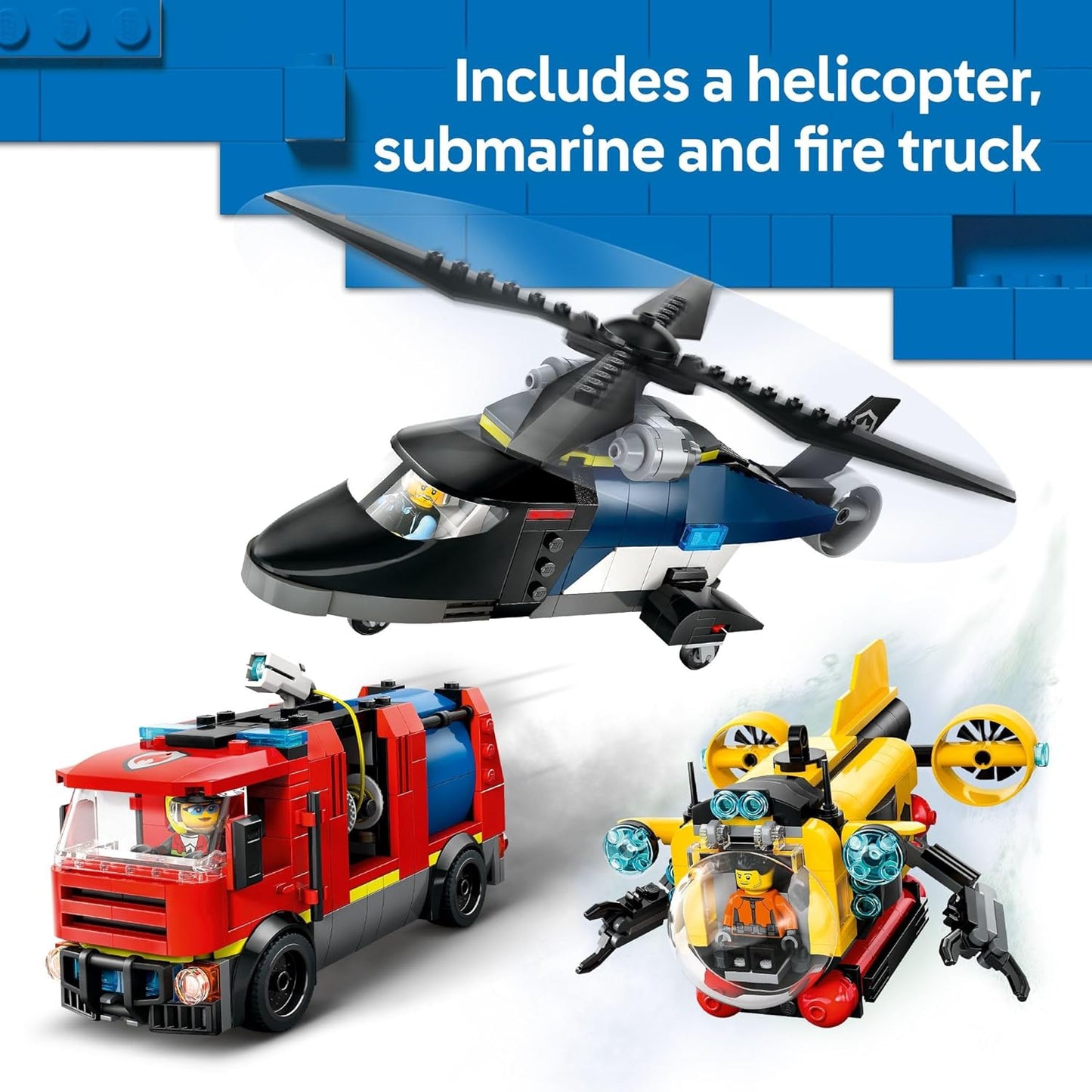 LEGO City Helicopter, camión de bomberos y submarino Remix juguete para niños, 3 juguetes de construcción en 1 para niños y niñas, a partir de 7 años, idea de regalo para cumpleaños, con 3 minifiguras