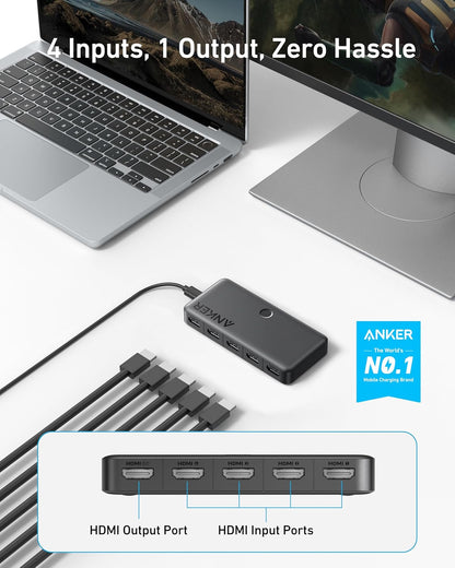 Anker Conmutador HDMI, Conmutador HDMI 4K@60Hz, 4 en 1 salida con acabado suave, compatible con HDR, 3D, Dolby, DTS, compatible con laptops, PC, Xbox, proyector (cargador y baterías del control remoto
