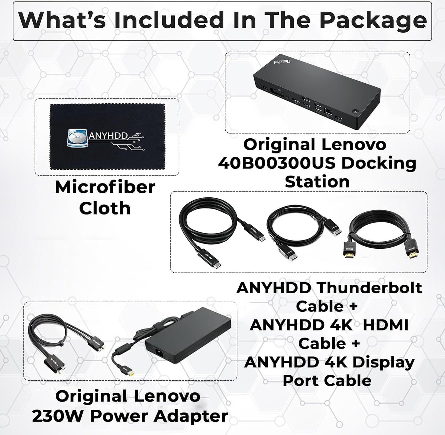 Paquete de estación de acoplamiento Lenovo 40B00300US USB C - 1 año de garantía, compatible con pantalla 4K, Thunderbolt 4 Dock con adaptador de 300 W, Anyhdd HDMI, DisplayPort, cables Thunderbolt y tela