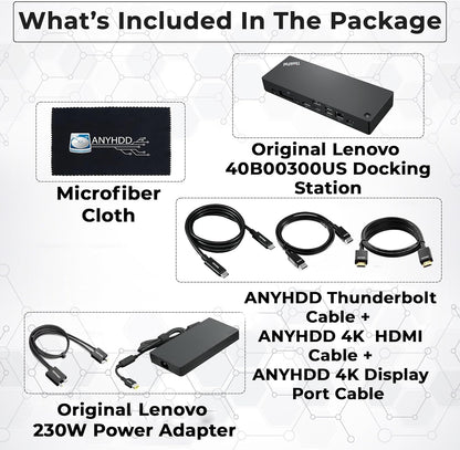 Paquete de estación de acoplamiento Lenovo 40B00300US USB C - 1 año de garantía, compatible con pantalla 4K, Thunderbolt 4 Dock con adaptador de 300 W, Anyhdd HDMI, DisplayPort, cables Thunderbolt y tela