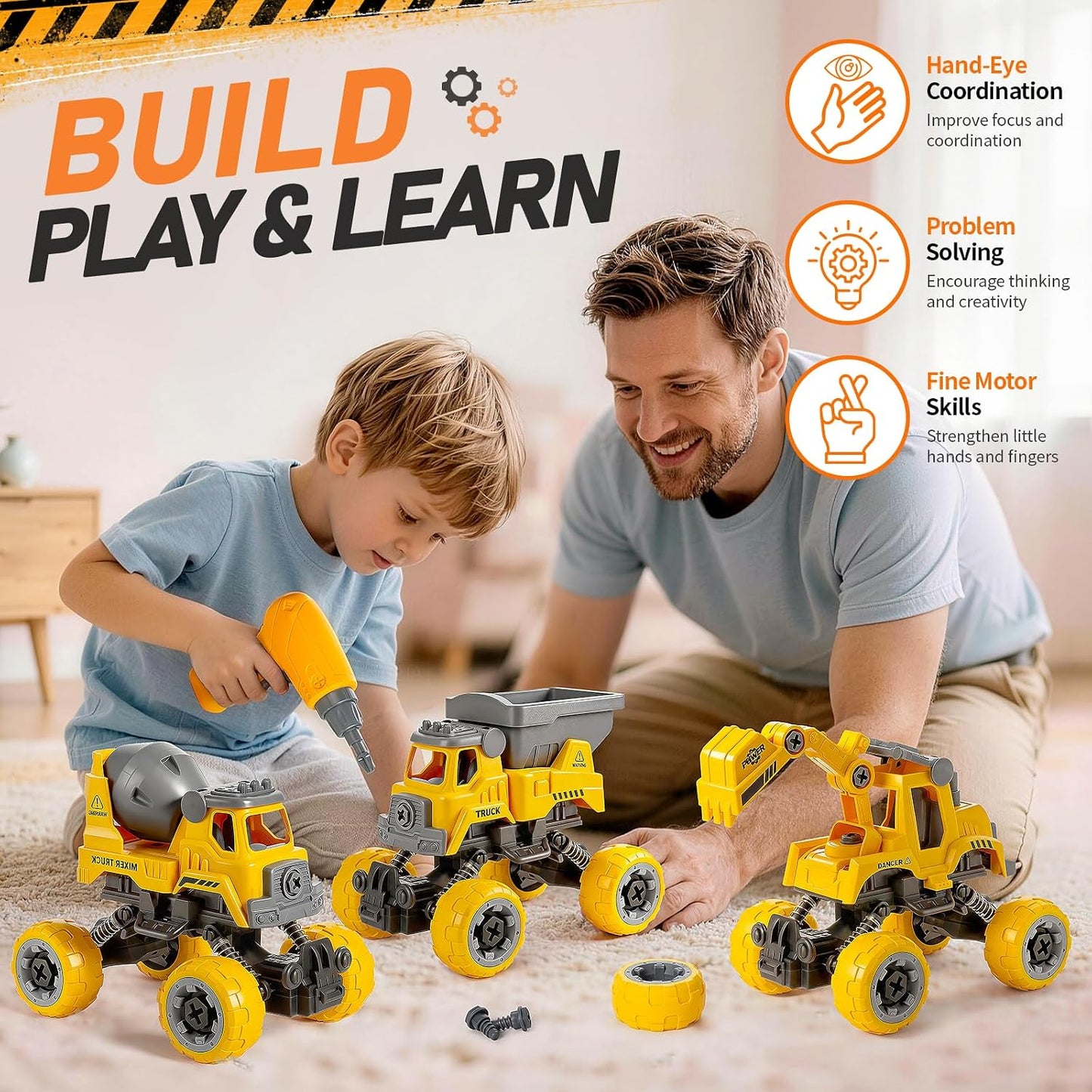 Camión de construcción desmontable para niños de 3 a 8 años, 4 jugu...