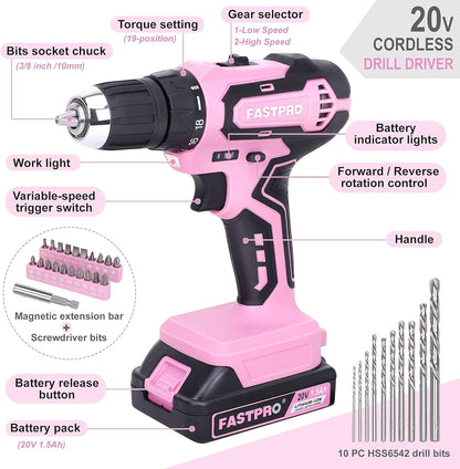 FASTPRO 232 piezas 20 V Rosa inalámbrico Taladro de iones de litio...