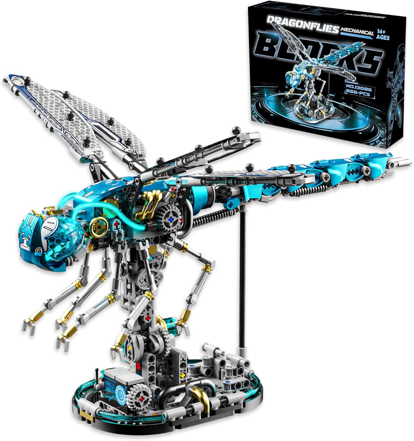 Bloques de construcción mecánicos de libélula para adultos, compatibles con Lego, modelo de mundo animal de insectos con luz y soporte de exhibición, juguetes educativos STEM para