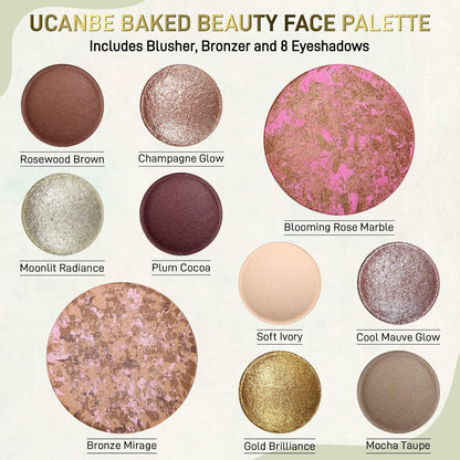 UCANBE Juego de paleta de maquillaje horneado de tamaño completo, incluye rubor, bronceador, 8 sombras de ojos y pinceles, pigmentado todo en uno para cara y ojos, kit de regalo de belleza de polvo