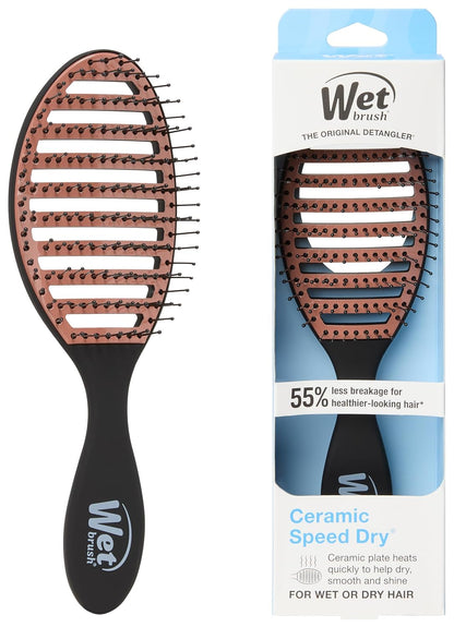 Wet Brush Cepillo de pelo de cerámica Speed Dry color negro, diseño ventilado y cerdas suaves HeatFlex para un estilo seguro de secado por soplado, mango ergonómico para desenredar sin dolor