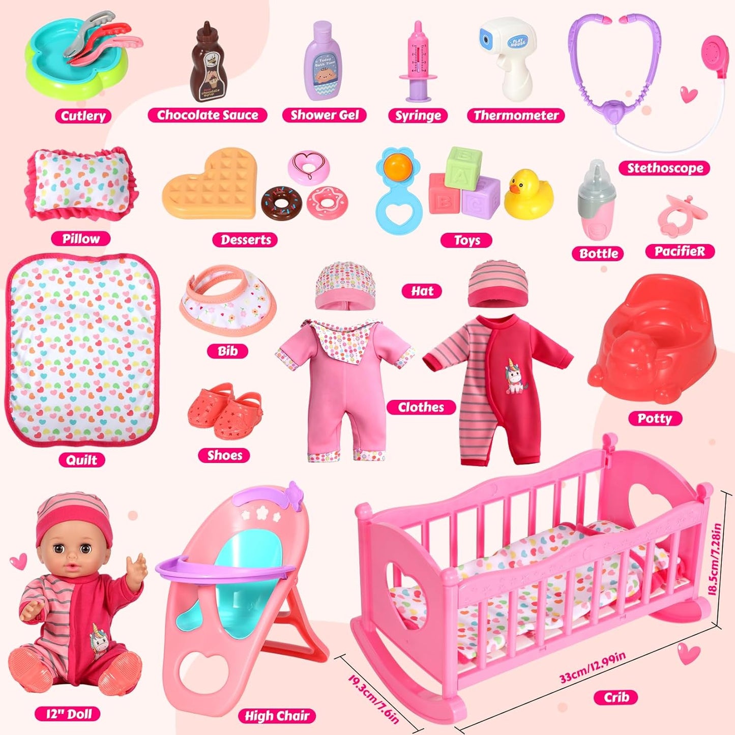 DRAMATION Juego de muñeca bebé de 12 pulgadas con cuna y silla alta...