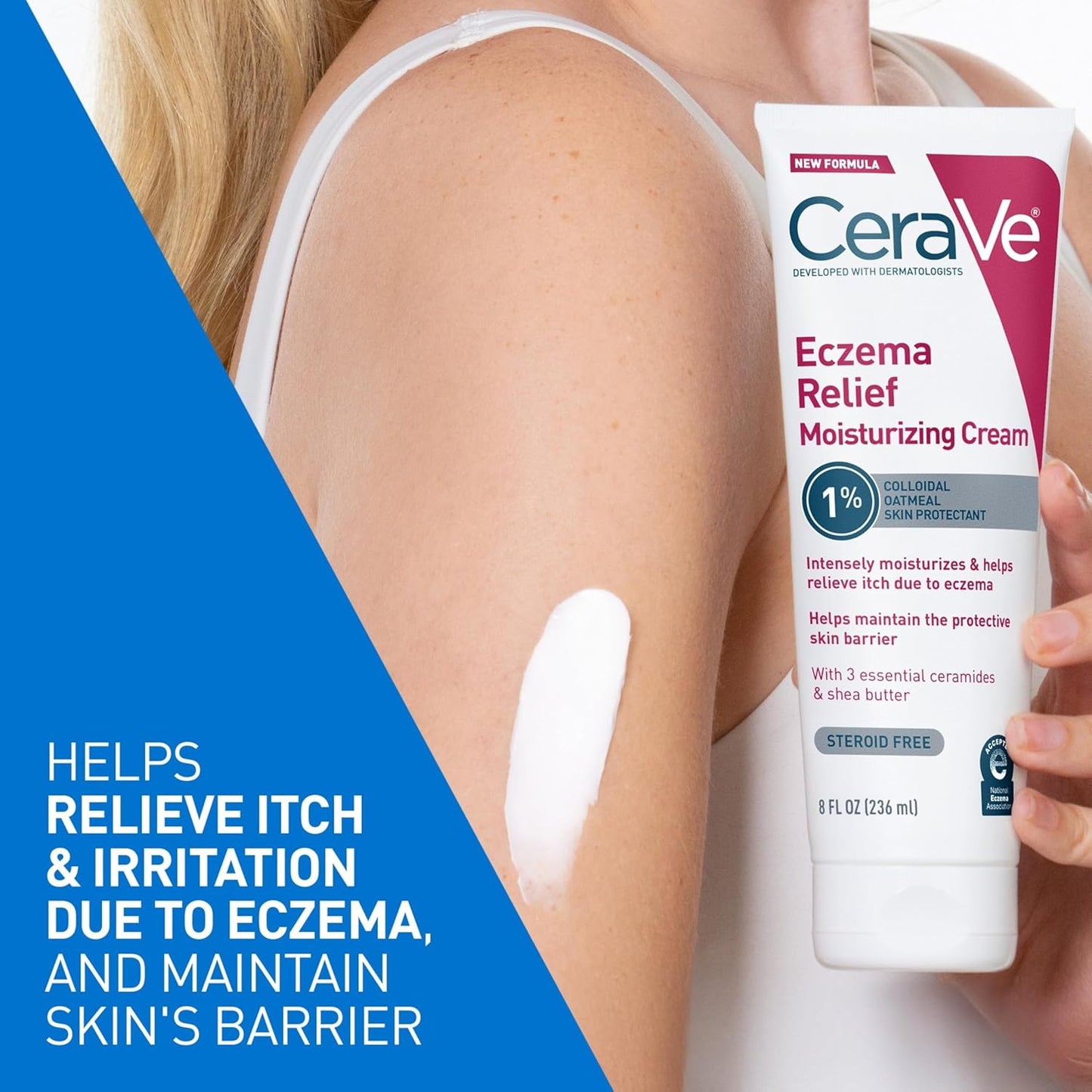 CeraVe Crema hidratante para aliviar el eccema con avena coloidal, manteca de karité y vitamina E para piel seca y alivio de picazón en la piel, sin esteroides y sin parabenos, 8 onzas