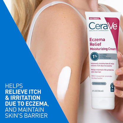 CeraVe Crema hidratante para aliviar el eccema con avena coloidal, manteca de karité y vitamina E para piel seca y alivio de picazón en la piel, sin esteroides y sin parabenos, 8 onzas